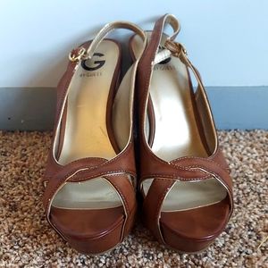 Brown and gold Wedges G by Guess, size 9,